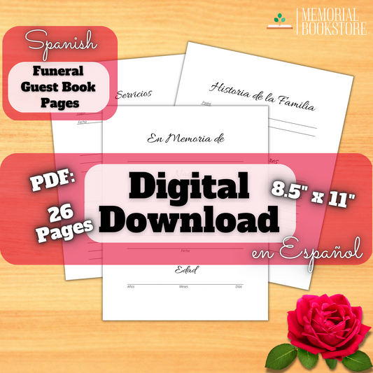 Spanish-Funeral Guest Book Pages en español-Instant Digital Download-PDF-27 pages-Size 8.5" x 11"