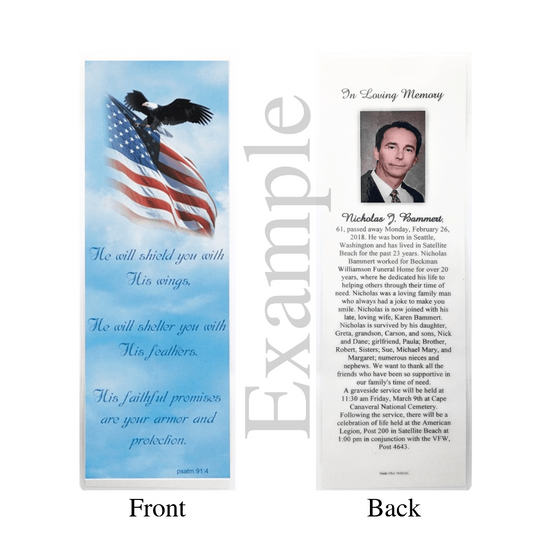 Personalized Custom Laminated Funeral Celebration of Life In Memory American Flag Eagle Patriot Veteran  Prayer Psalm 91:4 Bookmarks Example