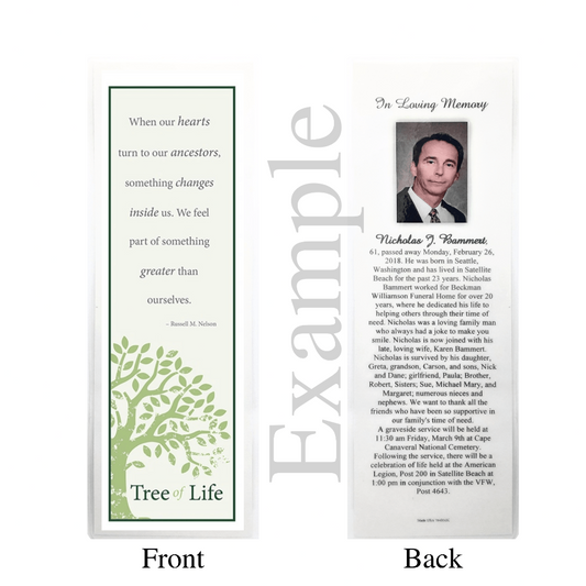 Celebration of Life Funeral Personalized Custom Laminated Tree of Life Memorial Bookmarks set of 4 Example