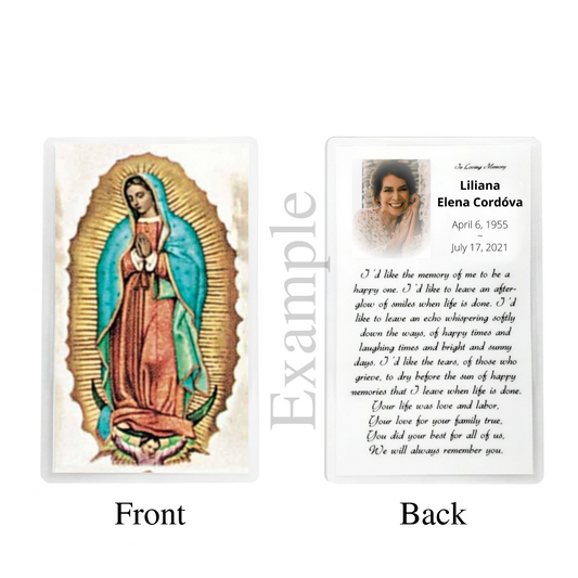 Personalized Custom Laminated Funeral Celebration of Life Spanish Our Lady of Guadalupe In Memory Prayer Cards Example