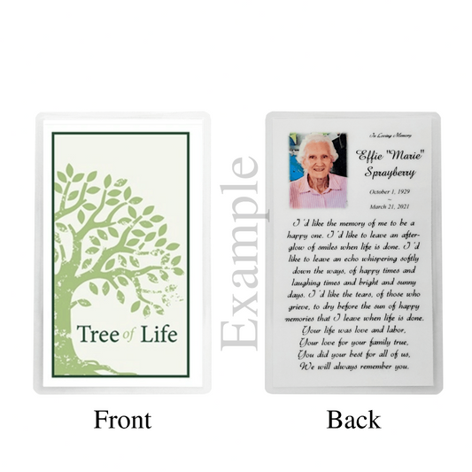 Personalized Custom Laminated Tree of Life Memorial Prayer Cards set of 8 Example
