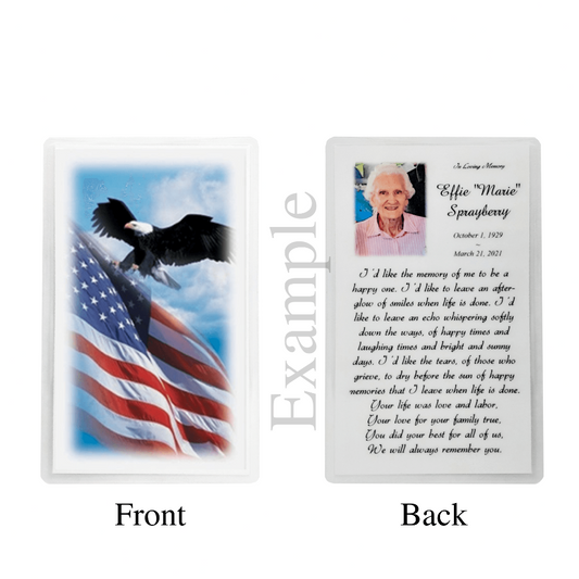 Personalized Custom Laminated Funeral Celebration of Life Patriot Veteran American Flag Eagle In Memory Prayer Cards Example