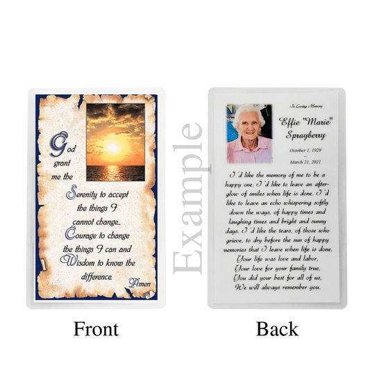 Personalized Custom Laminated Nature's Serenity Memorial Funeral Celebration of Life Prayer Cards example 