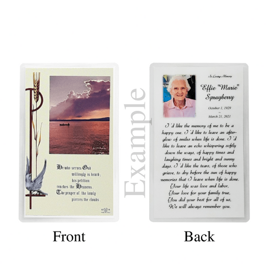 Personalized Custom Laminated Funeral Celebration of Life Wayside Memorial Prayer Cards set of 8 Example