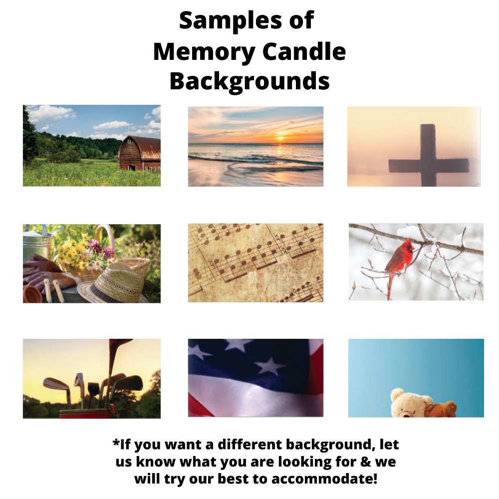 Personalized Custom Memorial Prayer Keepsake Candle Gift Background Samples
