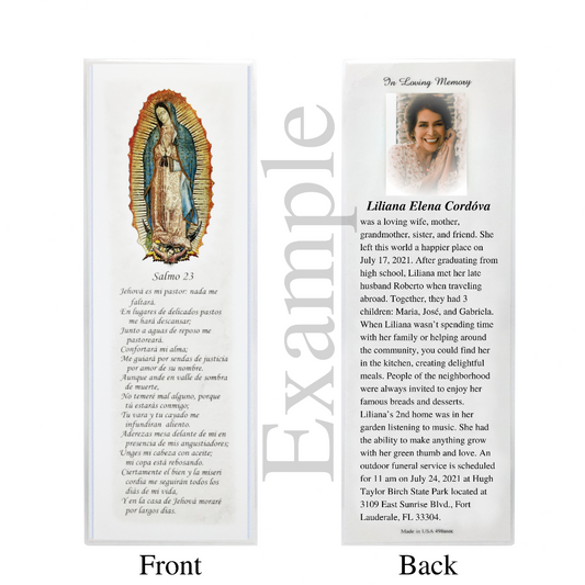 Personalized Custom Laminated Funeral Celebration of Life Spanish Our Lady of Guadalupe Salmo 23 En Español Bookmark  Example