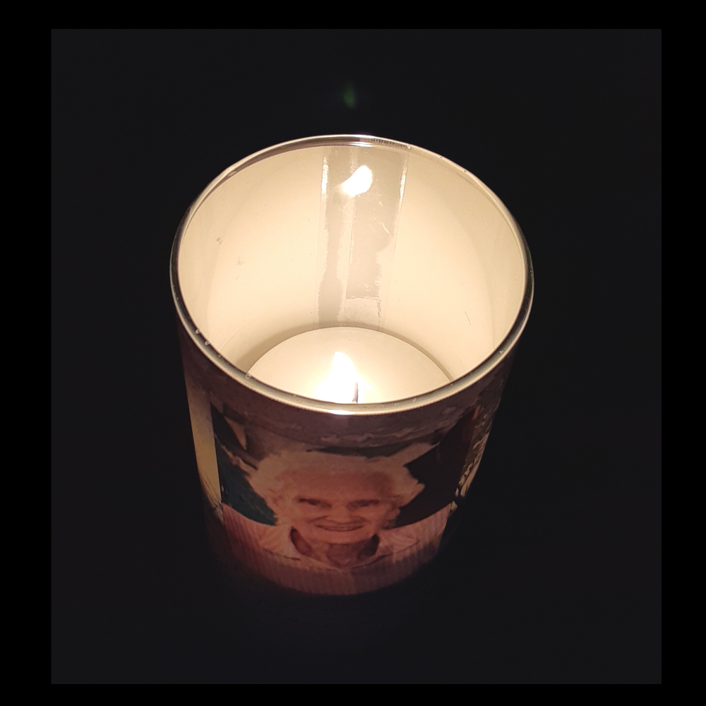 Personalized Custom Memorial Prayer Keepsake Candle Gift Example Lit