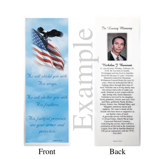 Personalized Custom Laminated Funeral Celebration of Life In Memory American Flag Eagle Patriot Veteran Prayer Psalm 91:4 Bookmarks Example