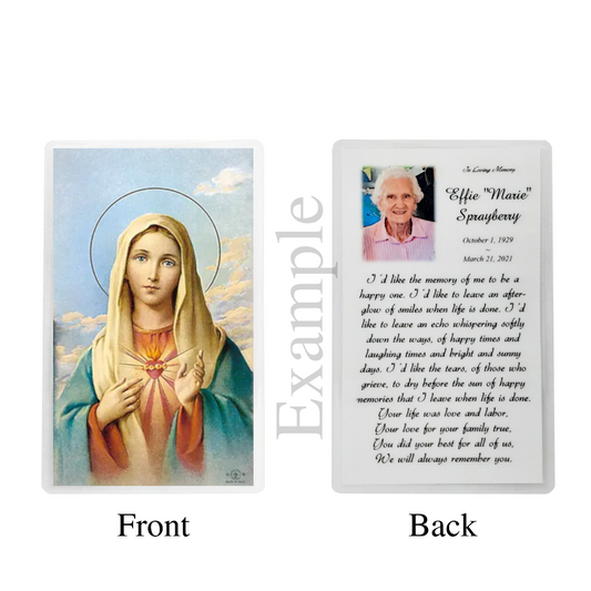 Personalized Custom Laminated Madonna Series Memorial Prayer Card Set of 8 Example