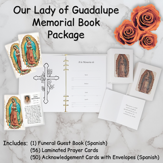 Personalized Custom Laminated Funeral Celebration of Life Spanish Our Lady of Guadalupe Guest Book Package En Español Prayer Cards Acknowledgements Thank You Notes