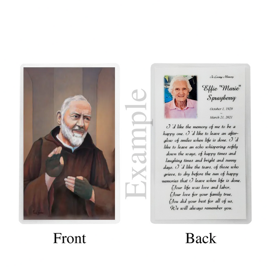 Personalized Custom Laminated Funeral Celebration of Life Padre Pio In Memory Prayer Cards Example