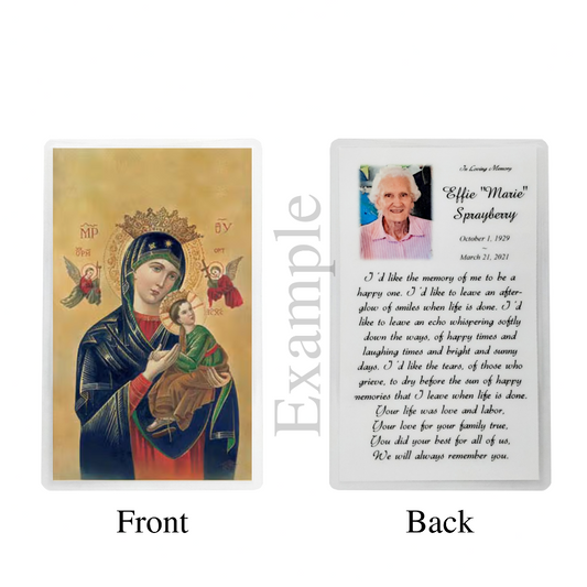 Personalized Custom Laminated Funeral Celebration of Life Our Lady of Perpetual Help In Memory Prayer Cards Example