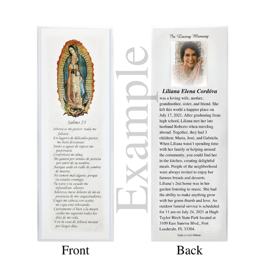 Personalized Custom Laminated Funeral Celebration of Life Spanish Our Lady of Guadalupe Salmo 23 En Español Bookmark Example