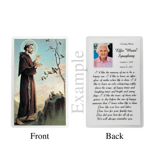 Personalized Custom Laminated Funeral Celebration of Life Saint Francis In Memory Prayer Cards Set of 8 Example