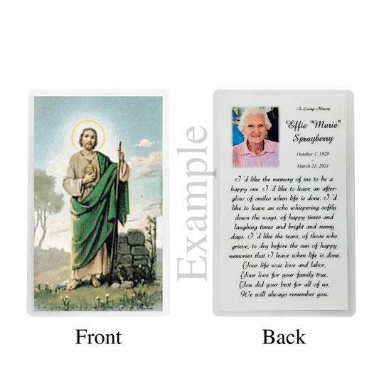  Personalized Custom Laminated Funeral Celebration of Life Saint Jude In Memory Prayer Cards Set of 8 Example