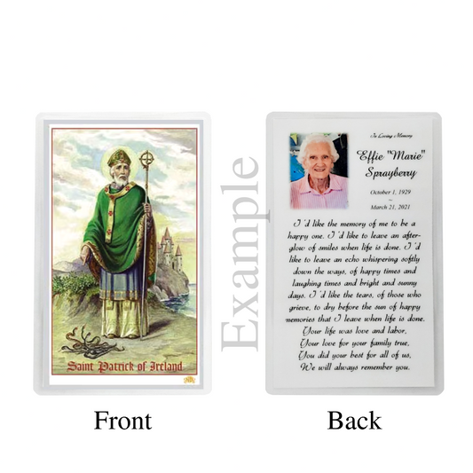 Personalized Custom Laminated Funeral Celebration of Life Saint Patrick In Memory Prayer Cards Example