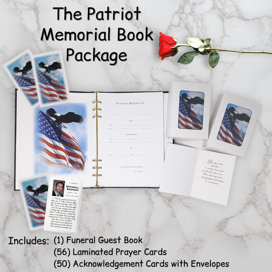 Personalized Custom Laminated Funeral Celebration of Life Patriot Veteran American Flag Eagle In Memory Guest Book Package Prayer Cards Acknowledgements Thank You Notes